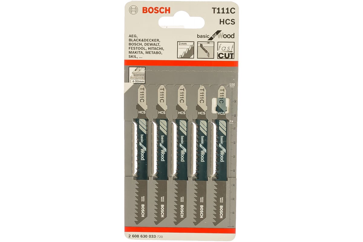 Пилка лобзиковая Bosch Т111С  по дер (в уп. 5шт)  2608630033 (L-100мм. шаг-3мм)