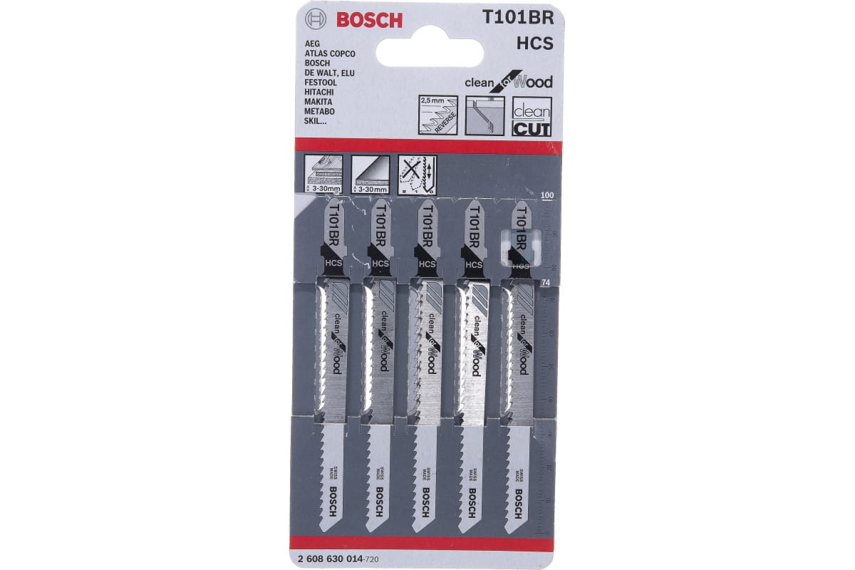 Пилка лобзиковая Bosch Т101BR  по дер (в уп. 5шт)    2608630014 (L-100мм. шаг-2,5мм)