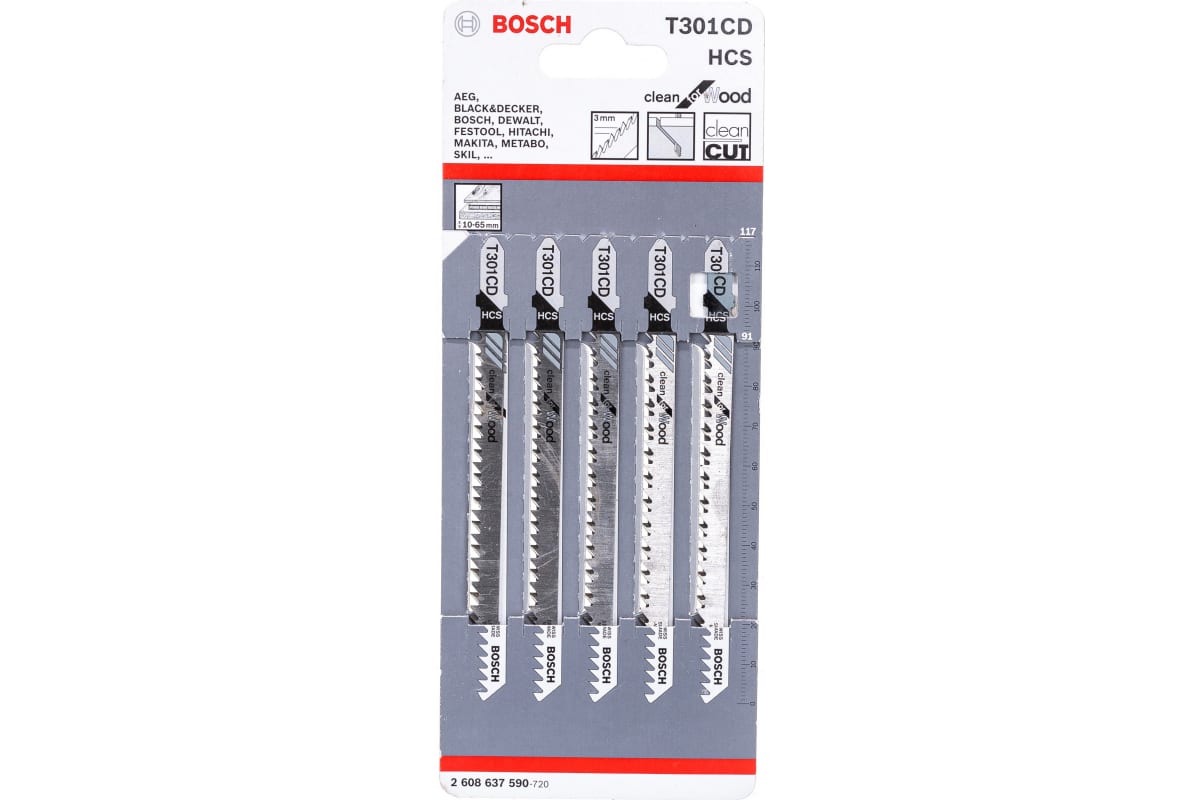 Пилка лобзиковая Bosch Т301CD по дер (L-117мм. шаг-3мм) (в уп. 5шт) 2608637590